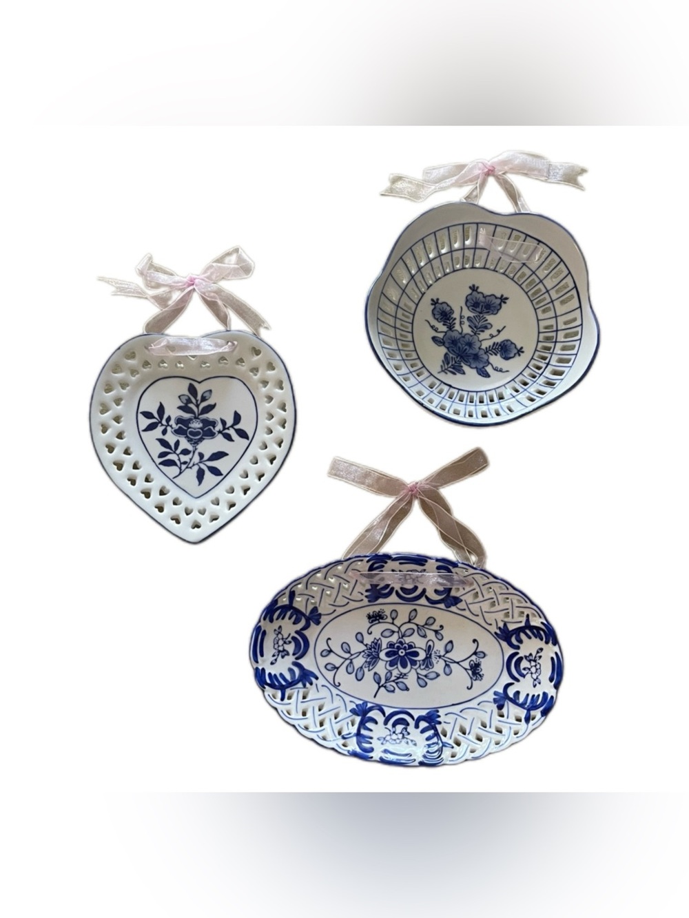 Vintage Blue and White Floral Porcelain Hanging Dishes - Set of 3